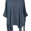 Grey bias-cut silk classic collar half-button pullover swing-style blouse with handkerchief hem