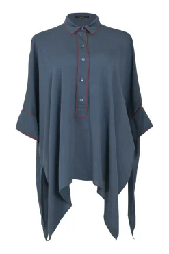 Grey bias-cut silk classic collar half-button pullover swing-style blouse with handkerchief hem