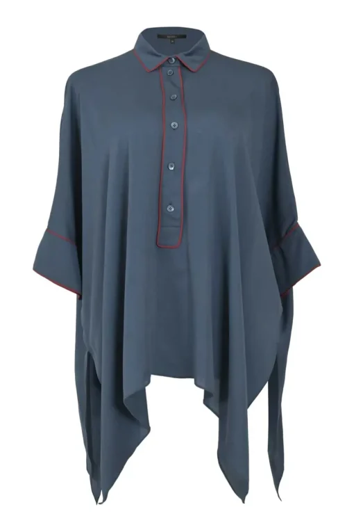 Grey bias-cut silk classic collar half-button pullover swing-style blouse with handkerchief hem
