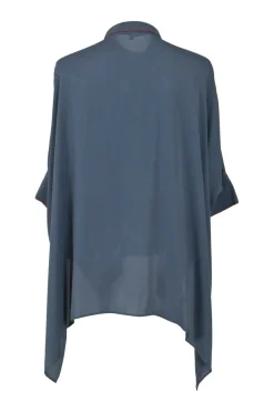 Grey bias-cut silk classic collar half-button pullover swing-style blouse with handkerchief hem
