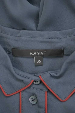 Grey bias-cut silk classic collar half-button pullover swing-style blouse with handkerchief hem