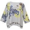 Grey cotton floral print straight neck boxy pullover top with cropped sleeves