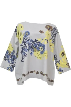 Grey cotton floral print straight neck boxy pullover top with cropped sleeves
