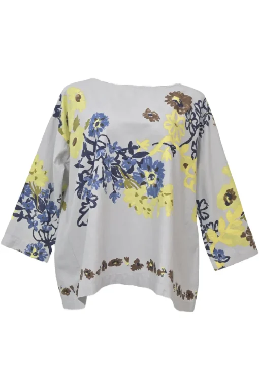 Grey cotton floral print straight neck boxy pullover top with cropped sleeves