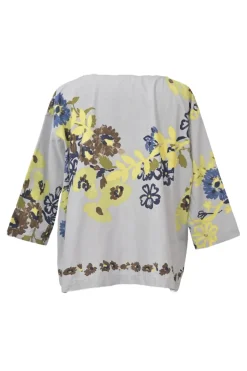 Grey cotton floral print straight neck boxy pullover top with cropped sleeves