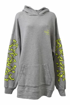Grey cotton French terry oversized hoodie with bone graphic print