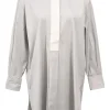 Grey cotton poplin band collar half-button popover tunic with concealed placket