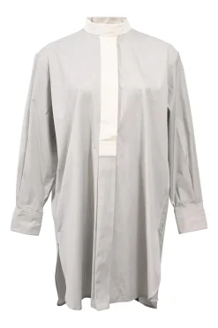 Grey cotton poplin band collar half-button popover tunic with concealed placket