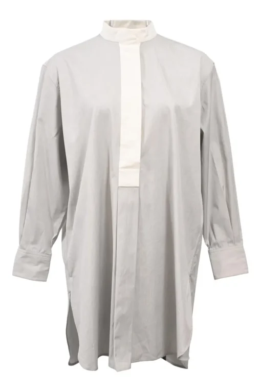 Grey cotton poplin band collar half-button popover tunic with concealed placket