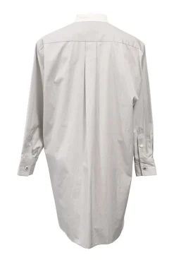 Grey cotton poplin band collar half-button popover tunic with concealed placket