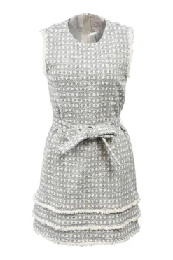 Grey cotton-blend check tweed crewneck Mindie sleeveless mini dress with tie-belt
