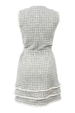 Grey cotton-blend check tweed crewneck Mindie sleeveless mini dress with tie-belt