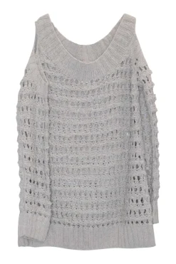 Grey cotton-blend cold shoulder crochet knit top