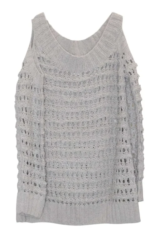 Grey cotton-blend cold shoulder crochet knit top