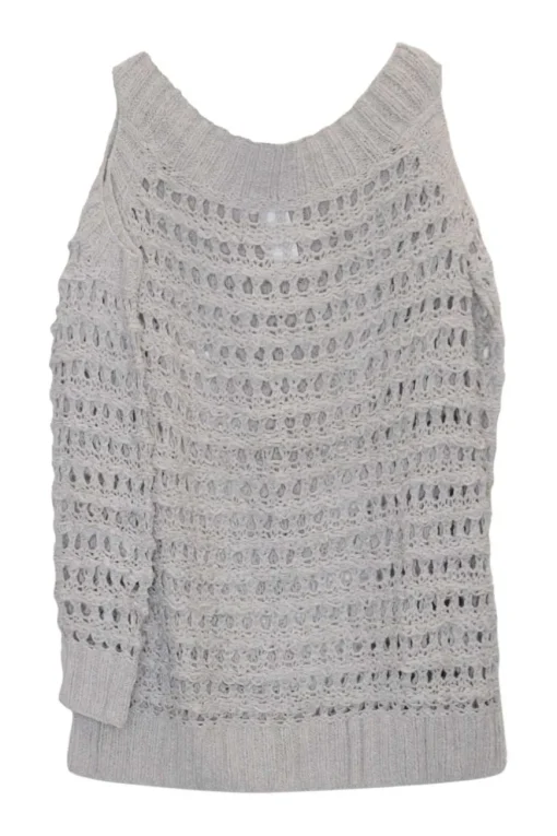 Grey cotton-blend cold shoulder crochet knit top