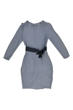 Grey draped sand-washed silk-blend bateau neck inside-out sheath dress with pannier-style hip panels