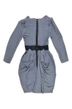 Grey draped sand-washed silk-blend bateau neck inside-out sheath dress with pannier-style hip panels