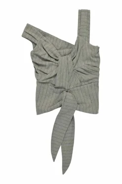 Grey draped virgin wool-blend pinstripe asymmetric knot-front ruched bustier top