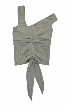Grey draped virgin wool-blend pinstripe asymmetric knot-front ruched bustier top