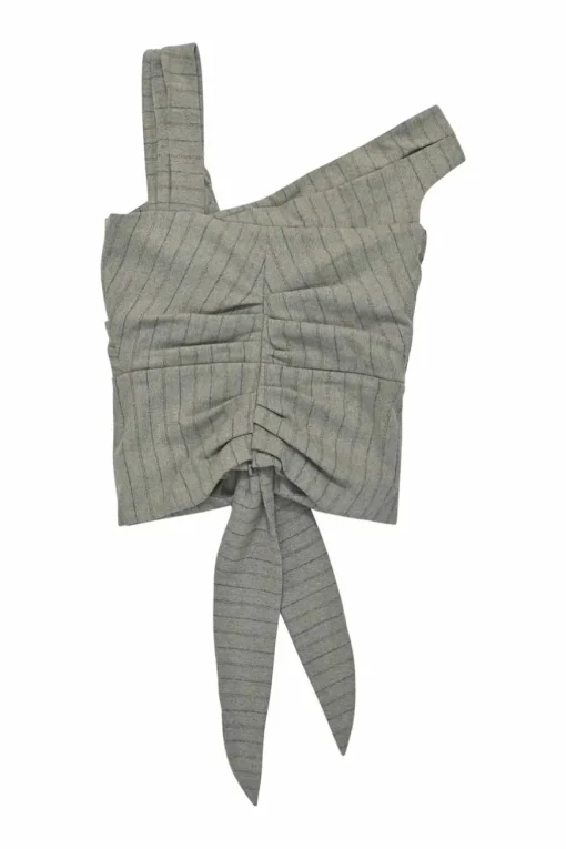 Grey draped virgin wool-blend pinstripe asymmetric knot-front ruched bustier top