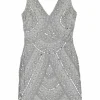 Grey embellished polyester plunge neck sheath dress featuring crystal and bead broderie motif