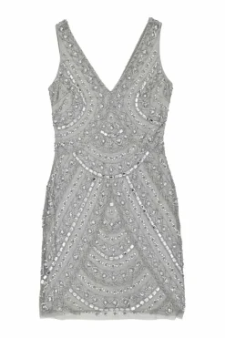 Grey embellished polyester plunge neck sheath dress featuring crystal and bead broderie motif