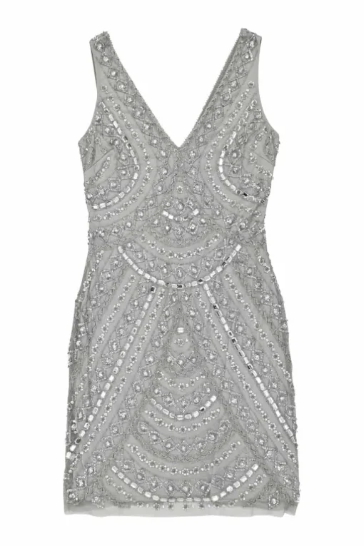Grey embellished polyester plunge neck sheath dress featuring crystal and bead broderie motif
