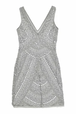Grey embellished polyester plunge neck sheath dress featuring crystal and bead broderie motif