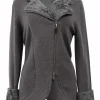 Grey fur-trimmed cashmere knit notch collar wrap-front cardigan