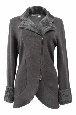 Grey fur-trimmed cashmere knit notch collar wrap-front cardigan