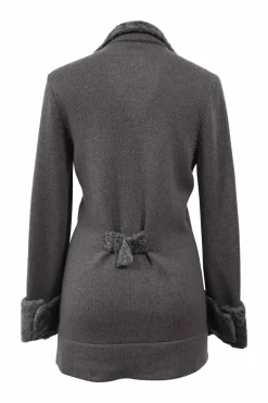 Grey fur-trimmed cashmere knit notch collar wrap-front cardigan