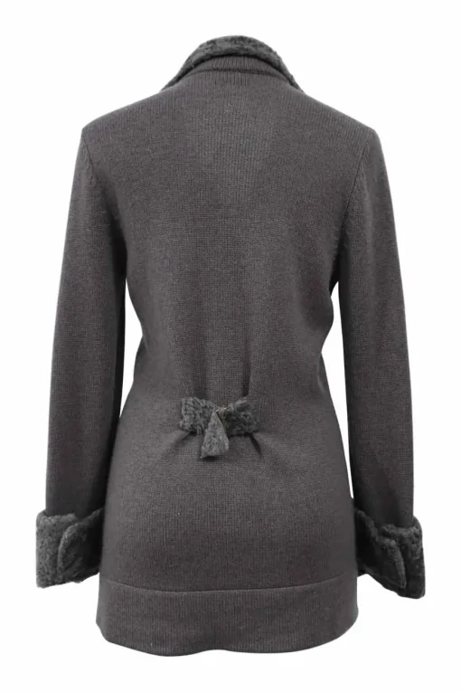 Grey fur-trimmed cashmere knit notch collar wrap-front cardigan