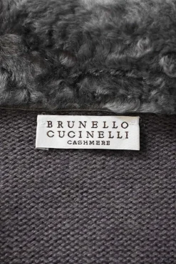 Grey fur-trimmed cashmere knit notch collar wrap-front cardigan