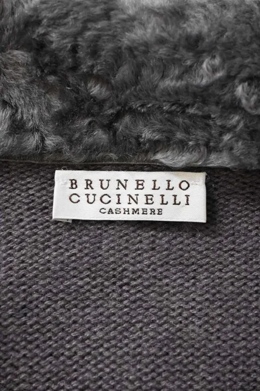 Grey fur-trimmed cashmere knit notch collar wrap-front cardigan