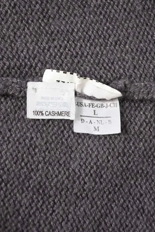 Grey fur-trimmed cashmere knit notch collar wrap-front cardigan