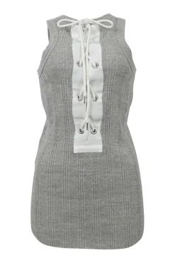 Grey grommet-embellished cotton flat rib lace-up tank top