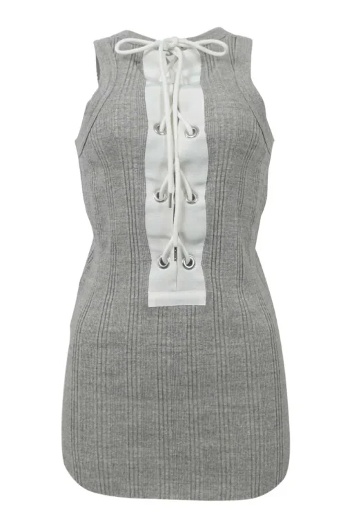 Grey grommet-embellished cotton flat rib lace-up tank top