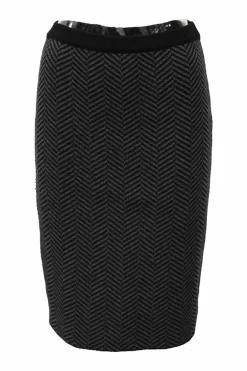 Grey herringbone wool knit high-waist pencil skirt
