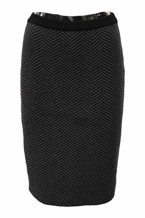 Grey herringbone wool knit high-waist pencil skirt