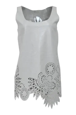 Grey laser-cut leather pullover sleeveless top with scalloped edges