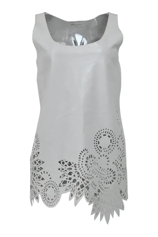 Grey laser-cut leather pullover sleeveless top with scalloped edges