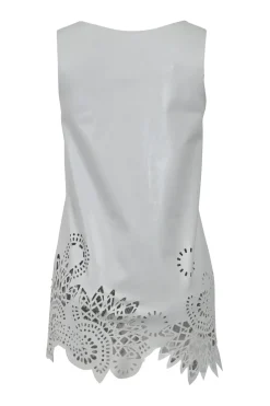 Grey laser-cut leather pullover sleeveless top with scalloped edges