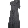 Grey linen-blend gauze belted one-shoulder ruffle tier maxi dress