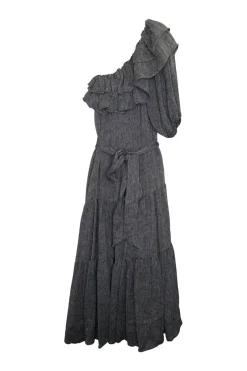Grey linen-blend gauze belted one-shoulder ruffle tier maxi dress
