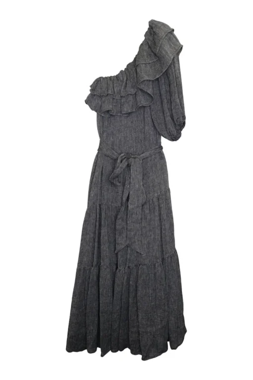Grey linen-blend gauze belted one-shoulder ruffle tier maxi dress