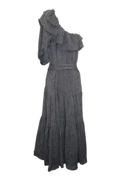 Grey linen-blend gauze belted one-shoulder ruffle tier maxi dress