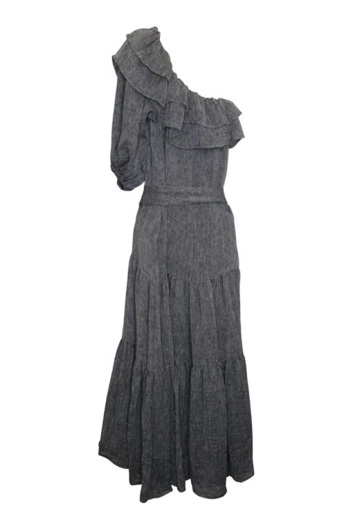 Grey linen-blend gauze belted one-shoulder ruffle tier maxi dress