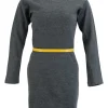 Grey long sleeved, wool mini dress with yellow leather belt