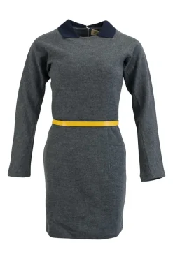 Grey long sleeved, wool mini dress with yellow leather belt