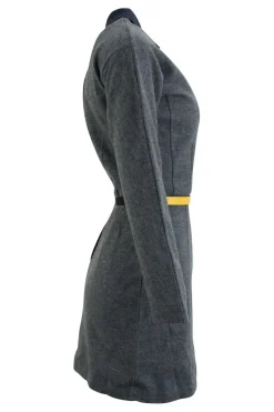 Grey long sleeved, wool mini dress with yellow leather belt